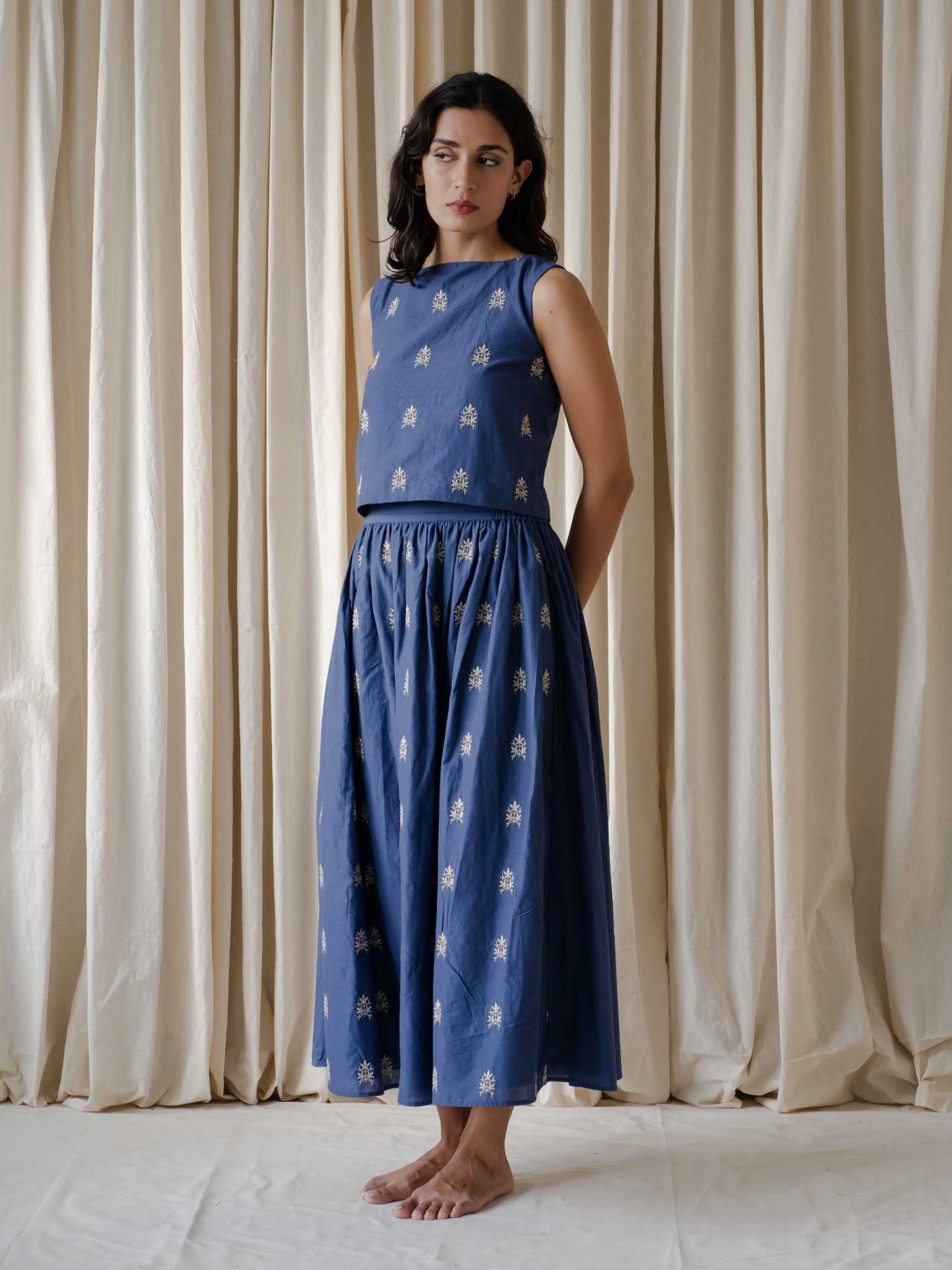 Mona Blue Embroidered Gathered Skirt
