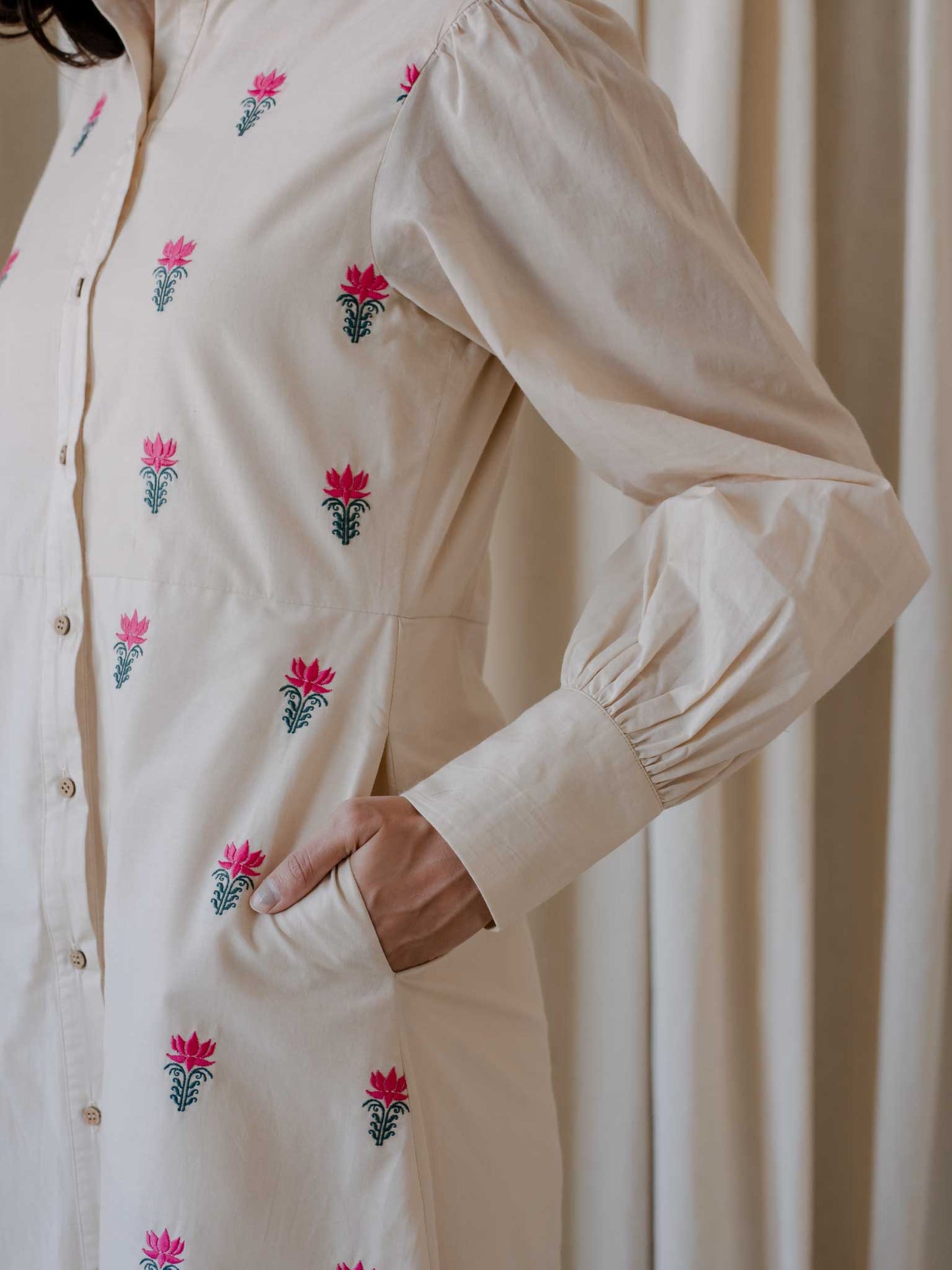 Fern Beige Embroidered Button-down Dress